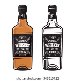 Bottle of whiskey two styles vector illustration colored and black isolated on white background