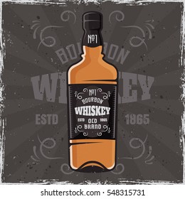 Bottle of whiskey vector colored illustration on dark background with texture and grunge frame