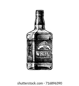 Bottle of whiskey. Vector hand drawn illustration of Distilled beverage in vintage engraved style. isolated on white.