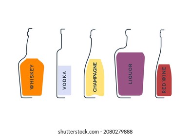 Bottle whiskey vodka champagne liquor and red wine in linear style on white background. Black thin outline in the form of a contour shadow and color fill. Modern flat style illustration. Drink symbol.