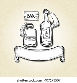 A bottle of whiskey and a bottle of vodka. Vector.