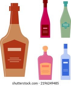Bottle of whiskey wine vodka liquor vermouth. Graphic design for any purposes. Flat style. Color form. Party drink concept. Simple image shape. Vector.
