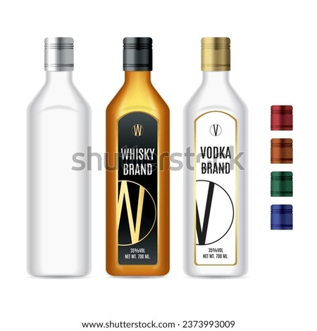 Bottle whisky, vodka, alcohol, vector mockup, Multi-colored aluminum caps.