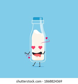 una botella de caracter de leche blanca enamorada aislada de fondo cian. una botella de emoticono de carácter de leche blanca