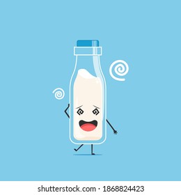 a bottle of white milk character feeling dizzy isolated on cyan background. a bottle of white milk character emoticon illustration