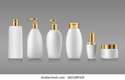 Bottle white products with gold cap, collection mock up template design on gray background, Eps 10 vector illustration
