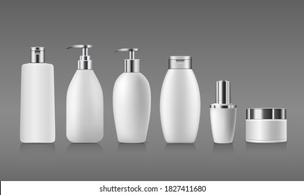 Frasco de productos blancos con tapa plateada, colección simulando diseño de plantilla sobre fondo gris, ilustración vectorial Eps 10