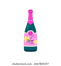 Bottle of white or red sparkling wine, champagne and prosecco with label. Wine product, luxury bottle with alcoholic drinks. Beverage and tasty liquid. Cartoon flat vector illustration isolated