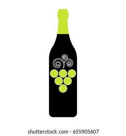 Bottle of white wine. Black bottle of wine with a white neck. Vector illustration bunch of grapes on a bottle. 