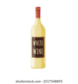 Bottle of white wine blanc isolated on white background alcoholic drink in flat vector style, bar restaurant menu for web, info graphics design illustration dark glass with label dark red cap golden