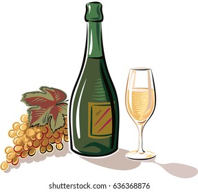 Bottle of white wine, a bunch of grapes, and with a glass of spilled wine.