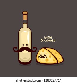 Bottle of white wine with cheese vector illustration. Funny cartoon characters for Wine label and menu.