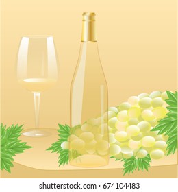 A bottle of white wine with a cork, a large glass, a bunch of grapes with leaves - realistic - on a decorative light background - art creative vector illustration.