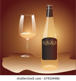 A bottle of white wine with a cork, a vintage label, a glass, - realistic - isolated on a decorative brown background - art creative vector illustration.