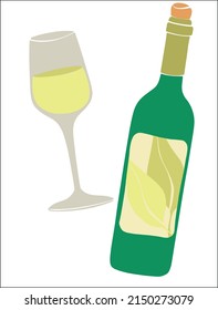 A bottle of white wine and a filled glass. Italy vector illustration. Vector illustration design. Isolated background. Transparent background. Flat design