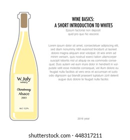 Bottle of white wine in flat style isolated on white background. Typography poster for wine tasting or information poster for wineries or wine shop