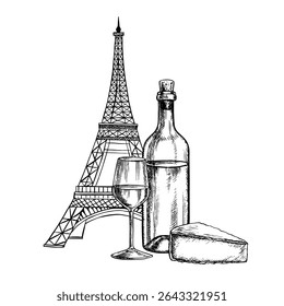 A bottle of white wine, a glass, and French cheese in front of the Eiffel Tower. Vector, hand-drawn graphic illustration. French cheese and wine. For packaging and labels. For banners and posters.