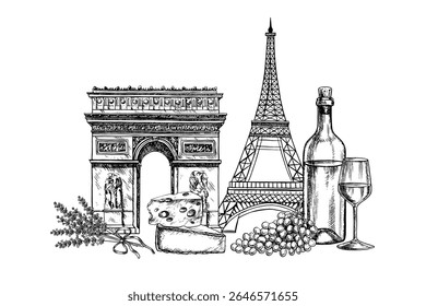 Uma garrafa de vinho branco, uma taça, queijo francês e lavanda contra o pano de fundo da Torre Eiffel e do Arco do Triunfo em Paris. Ilustração gráfica vetorial desenhada à mão. Queijo e vinho franceses.