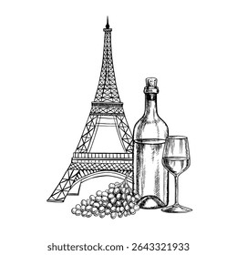 A bottle of white wine, a glass and grapes on the background of the Eiffel Tower. Hand-drawn vector illustration. For packages and labels. For banners and posters. For restaurants, bars and more.