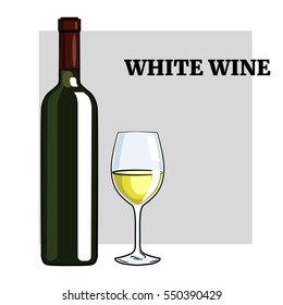 bottle of white wine with glass. Hand drawn sketch style vector illustration. EPS10