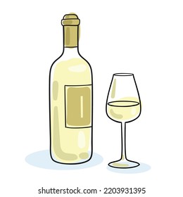 Bottle of white wine and wine glass. Picture in line style. Black contour with colored spots. Isolated on white background.  Vector flat illustration.