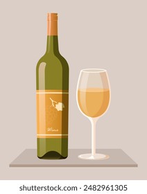 Bottle of white wine with wine glass. Vector illustration of alcohol drink