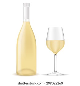 Bottle of white wine with a glass - vector drawing isolated
