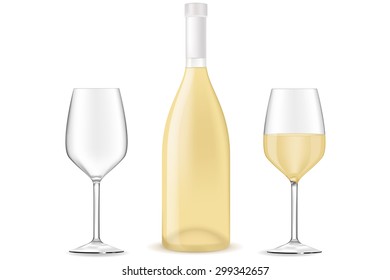Bottle of white wine with a glass. Vector drawing isolated