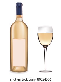 Bottle of white wine and a wine glass. Vector illustration.