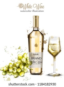 Bottle of white wine and glass watercolor Vector. Vintage painted style illustrations