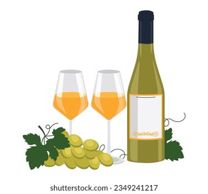 Botella de vino blanco, vino con gafas y uva. Gráfico vectorial.