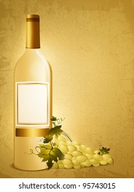 bottle of white wine with green grape over vintage grunge background