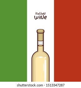 Bottle of white wine on italian flag background. Traditional italian drink. Template for wine list cover.