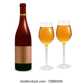 Bottle with white wine and two glasses. Vector illustration.