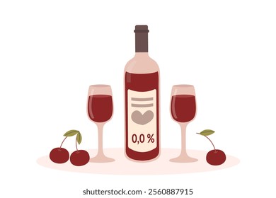 Bottle of wine alcohol free and two wineglasses isolated on white. Alcohol zero wine. Vector hand drawn clipart.