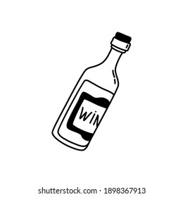 A bottle of wine. Alcoholic drink. Linear doodle style. Vector on isolated white background. For printing on cards, invitations, tattoos, fashion design.
