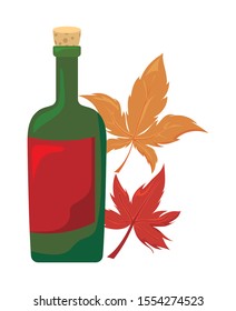 bottle of wine with autumn leaves on white background vector illustration design