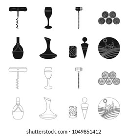 A bottle of wine in a basket, a gafine, a corkscrew with a cork, a grape valley. Wine production set collection icons in black,outline style vector symbol stock illustration web.