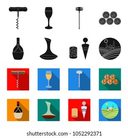 A bottle of wine in a basket, a gafine, a corkscrew with a cork, a grape valley. Wine production set collection icons in black,flet style vector symbol stock illustration web.