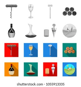 A bottle of wine in a basket, a gafine, a corkscrew with a cork, a grape valley. Wine production set collection icons in monochrome,flat style vector symbol stock illustration web.