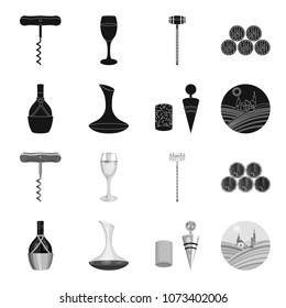 A bottle of wine in a basket, a gafine, a corkscrew with a cork, a grape valley. Wine production set collection icons in black,monochrome style vector symbol stock illustration web.