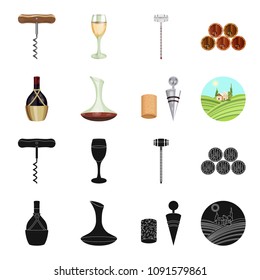 A bottle of wine in a basket, a gafine, a corkscrew with a cork, a grape valley. Wine production set collection icons in black,cartoon style vector symbol stock illustration web.