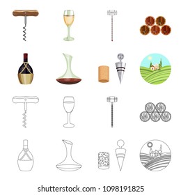 A bottle of wine in a basket, a gafine, a corkscrew with a cork, a grape valley. Wine production set collection icons in cartoon,outline style vector symbol stock illustration web.