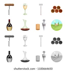 A bottle of wine in a basket, a gafine, a corkscrew with a cork, a grape valley. Wine production set collection icons in cartoon,monochrome style vector symbol stock illustration web.