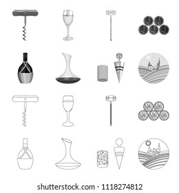 A bottle of wine in a basket, a gafine, a corkscrew with a cork, a grape valley. Wine production set collection icons in outline,monochrome style vector symbol stock illustration web.