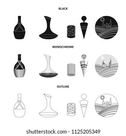 A bottle of wine in a basket, a gafine, a corkscrew with a cork, a grape valley. Wine production set collection icons in black,monochrome,outline style vector symbol stock illustration web.