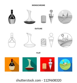 A bottle of wine in a basket, a gafine, a corkscrew with a cork, a grape valley. Wine production set collection icons in flat,outline,monochrome style vector symbol stock illustration web.