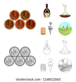 A bottle of wine in a basket, a gafine, a corkscrew with a cork, a grape valley. Wine production set collection icons in cartoon,outline style vector symbol stock illustration web.