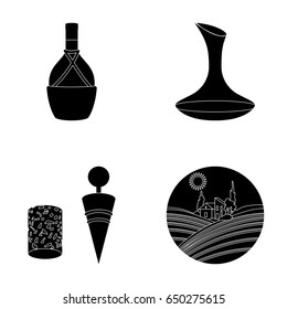 A bottle of wine in a basket, a gafine, a corkscrew with a cork, a grape valley. Wine production set collection icons in black style vector symbol stock illustration web.