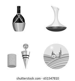 A bottle of wine in a basket, a gafine, a corkscrew with a cork, a grape valley. Wine production set collection icons in monochrome style vector symbol stock illustration web.